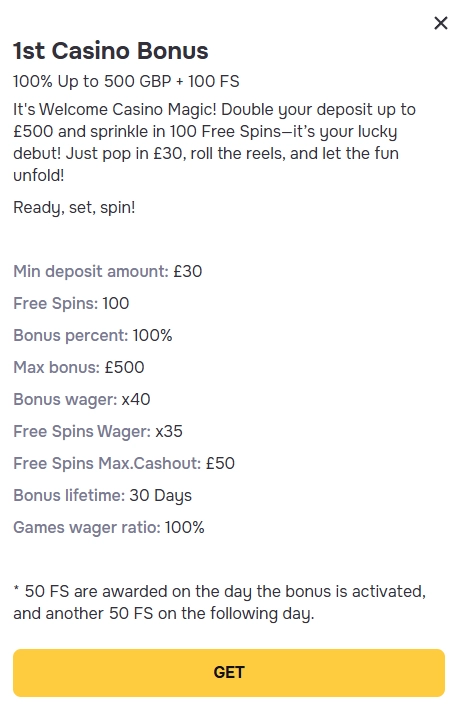Gtspins Casino first deposit bonus with 100% match up to £500 and 100 free spins