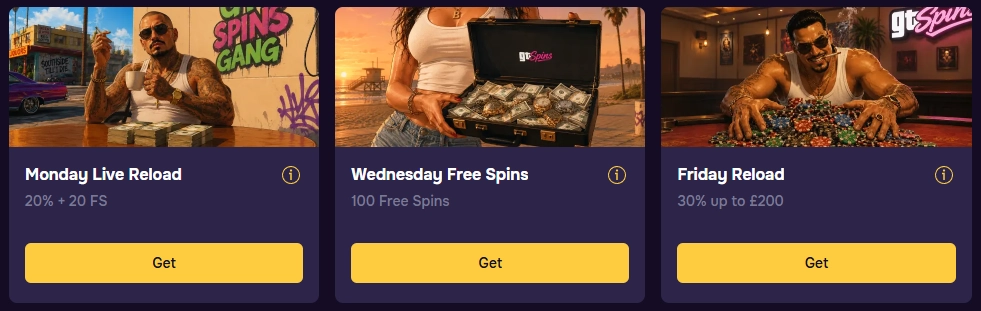Gtspins Casino weekly reload promotions for Monday Wednesday and Friday