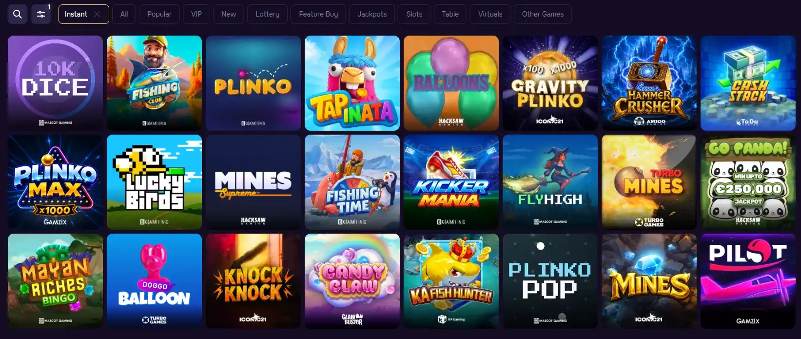 Gtspins Casino instant games category with Plinko Mines and other titles