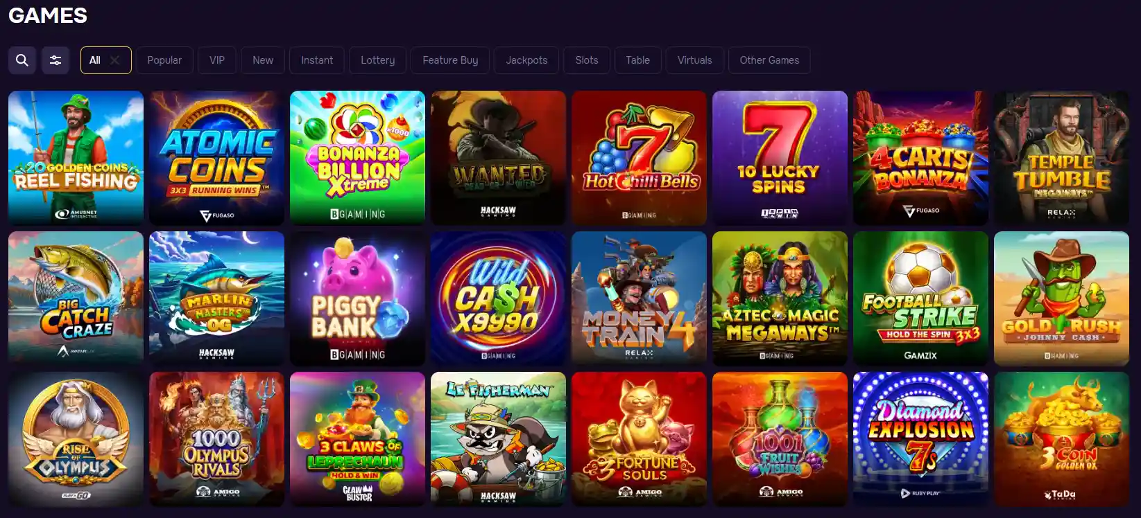 Gtspins Casino games lobby with slots filters categories and popular games