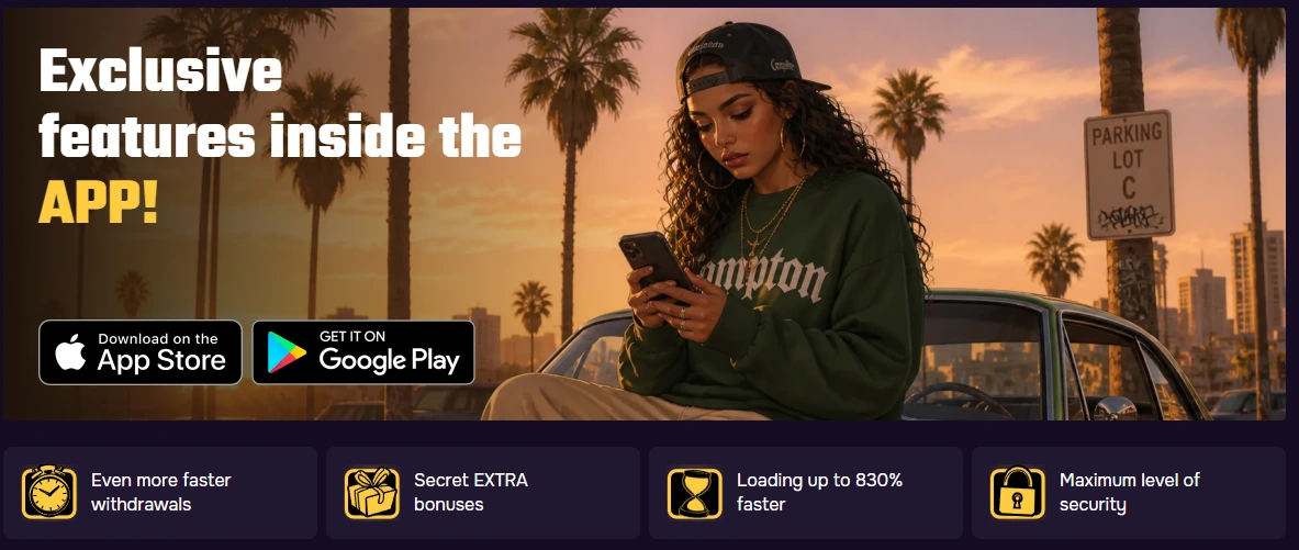 Gtspins Casino mobile app banner with App Store and Google Play download options