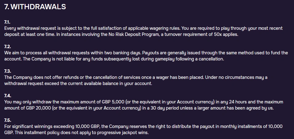 Gtspins Casino withdrawal terms with processing times and withdrawal limits