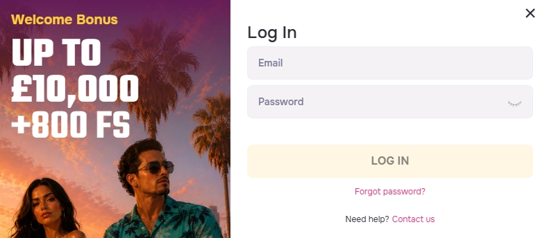 Gtspins Casino login form with email password and account access options